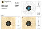 Shooting session report including target plots for each series and individual shot scores
